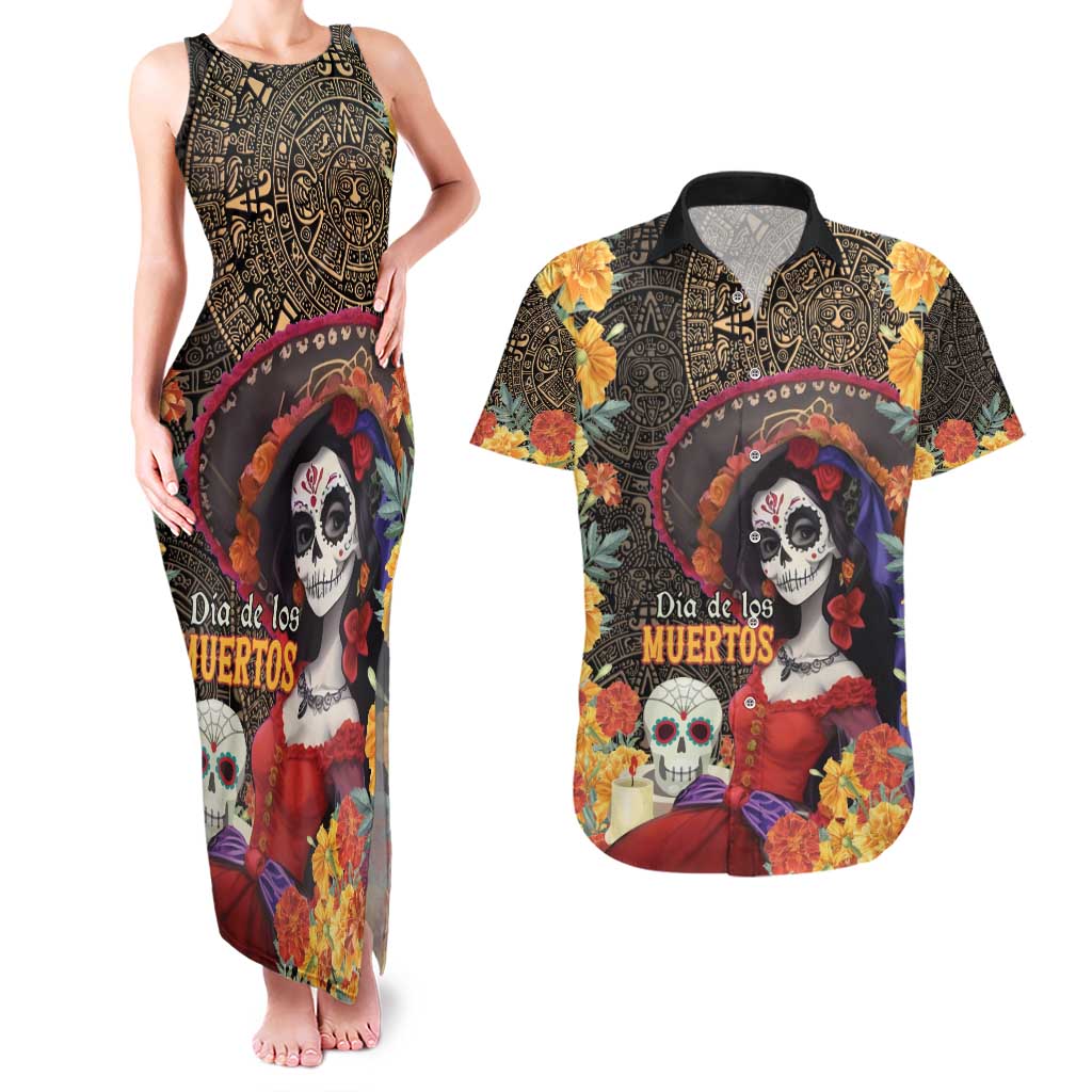 Mexico Day Of The Dead Couples Matching Tank Maxi Dress and Hawaiian Shirt La Catrina Mix Cempasuchil Aztec Pattern