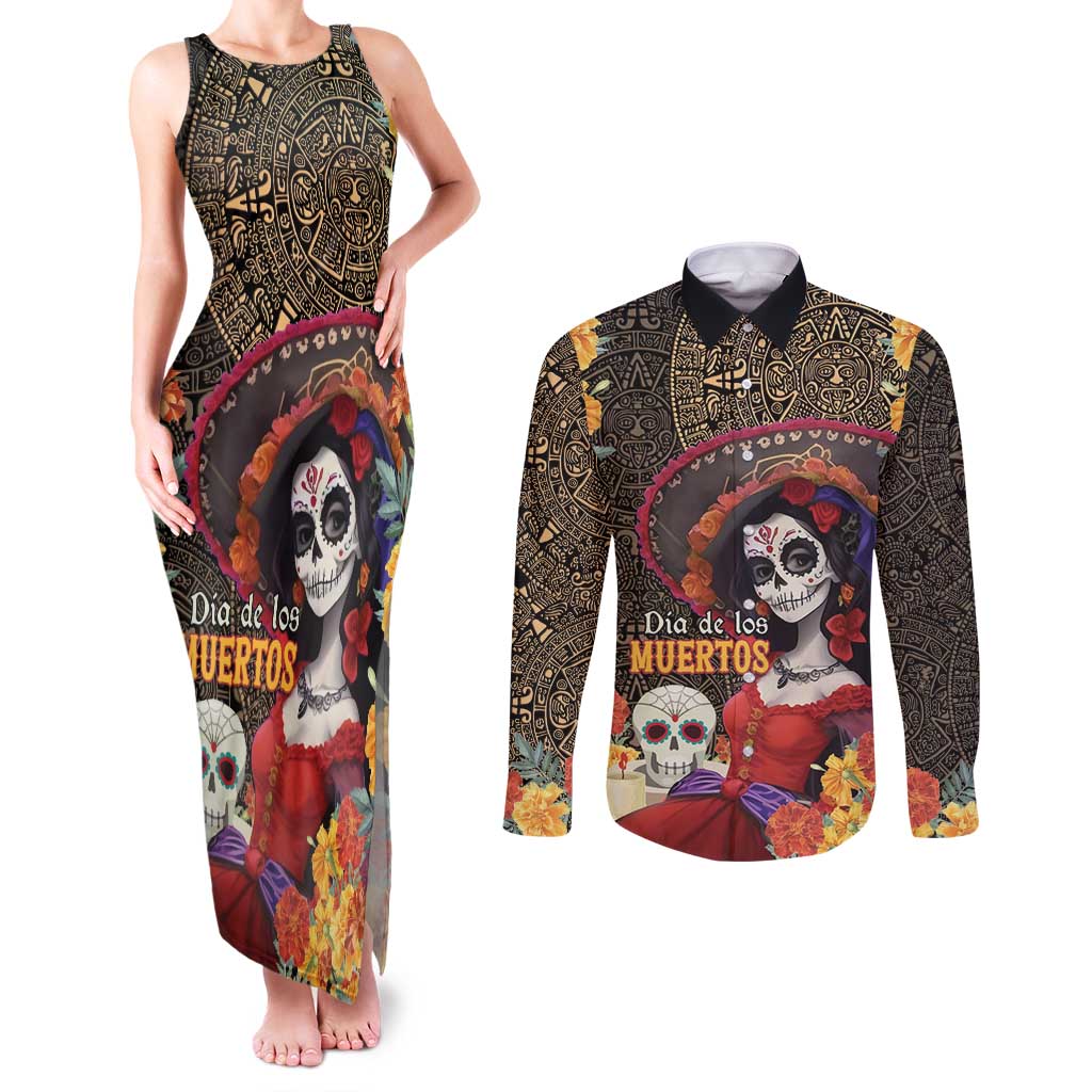 Mexico Day Of The Dead Couples Matching Tank Maxi Dress and Long Sleeve Button Shirt La Catrina Mix Cempasuchil Aztec Pattern