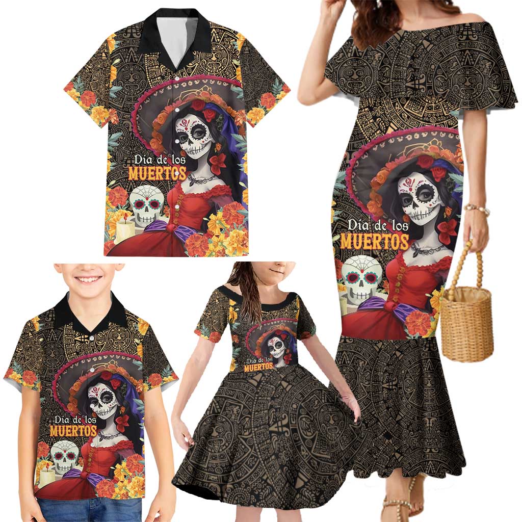 Mexico Day Of The Dead Family Matching Mermaid Dress and Hawaiian Shirt La Catrina Mix Cempasuchil Aztec Pattern