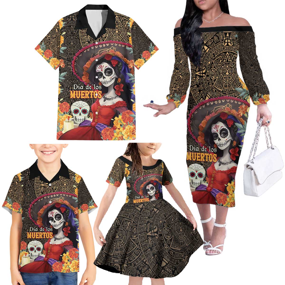 Mexico Day Of The Dead Family Matching Off The Shoulder Long Sleeve Dress and Hawaiian Shirt La Catrina Mix Cempasuchil Aztec Pattern