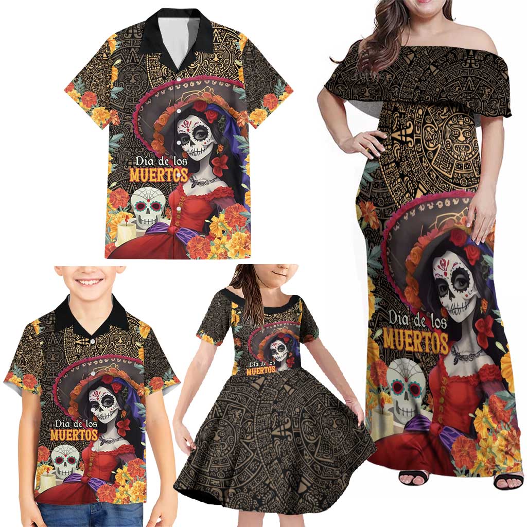 Mexico Day Of The Dead Family Matching Off Shoulder Maxi Dress and Hawaiian Shirt La Catrina Mix Cempasuchil Aztec Pattern