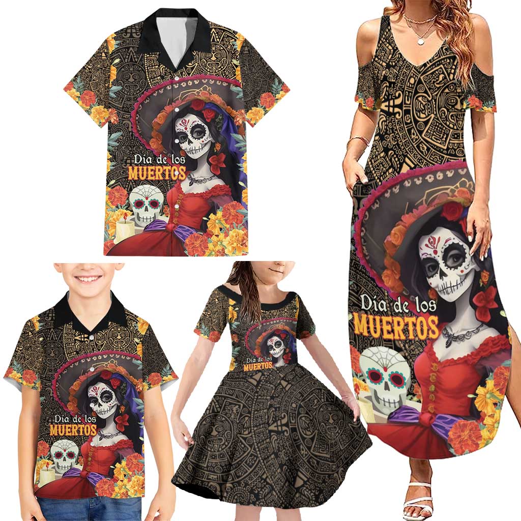 Mexico Day Of The Dead Family Matching Summer Maxi Dress and Hawaiian Shirt La Catrina Mix Cempasuchil Aztec Pattern