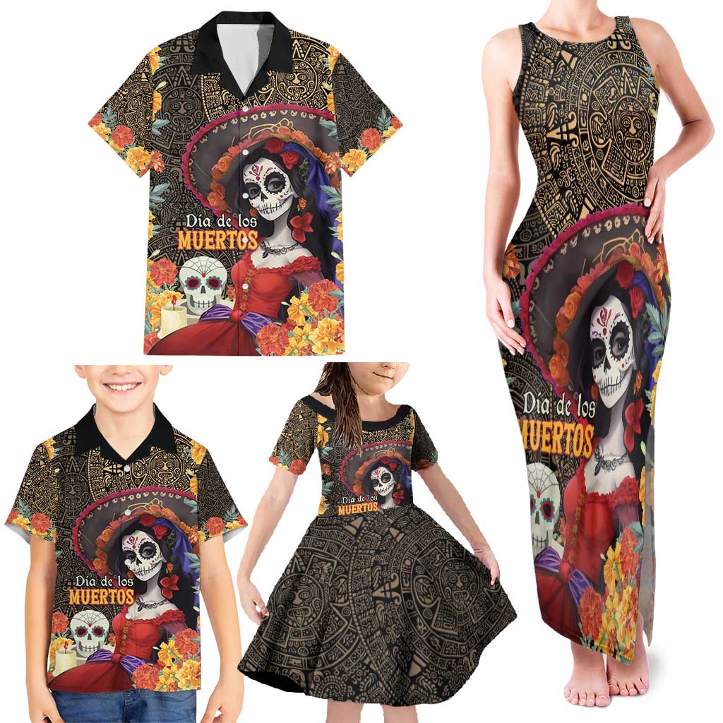 Mexico Day Of The Dead Family Matching Tank Maxi Dress and Hawaiian Shirt La Catrina Mix Cempasuchil Aztec Pattern