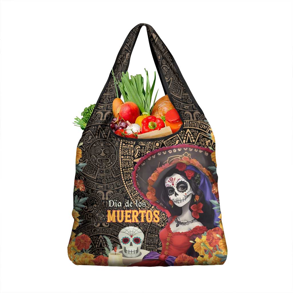 Mexico Day Of The Dead Grocery Bag La Catrina Mix Cempasuchil Aztec Pattern