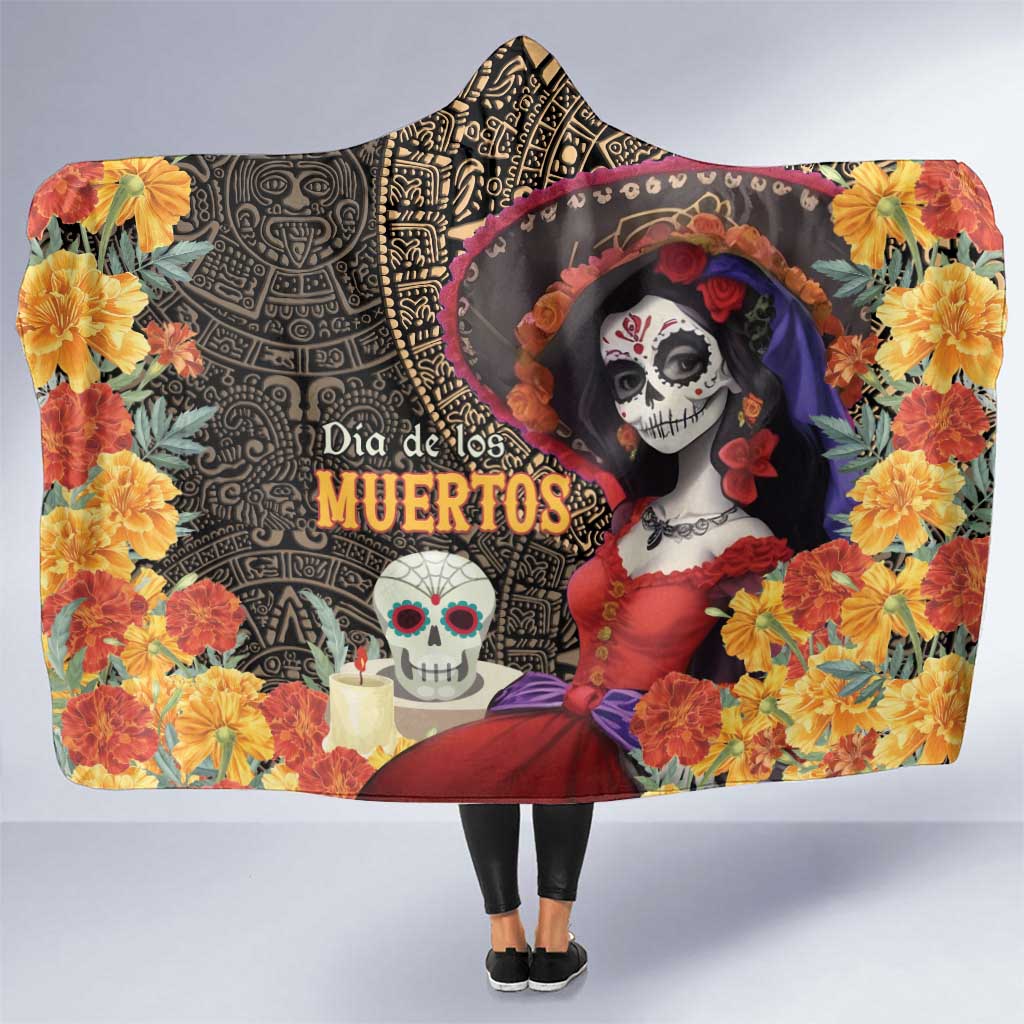 Mexico Day Of The Dead Hooded Blanket La Catrina Mix Cempasuchil Aztec Pattern