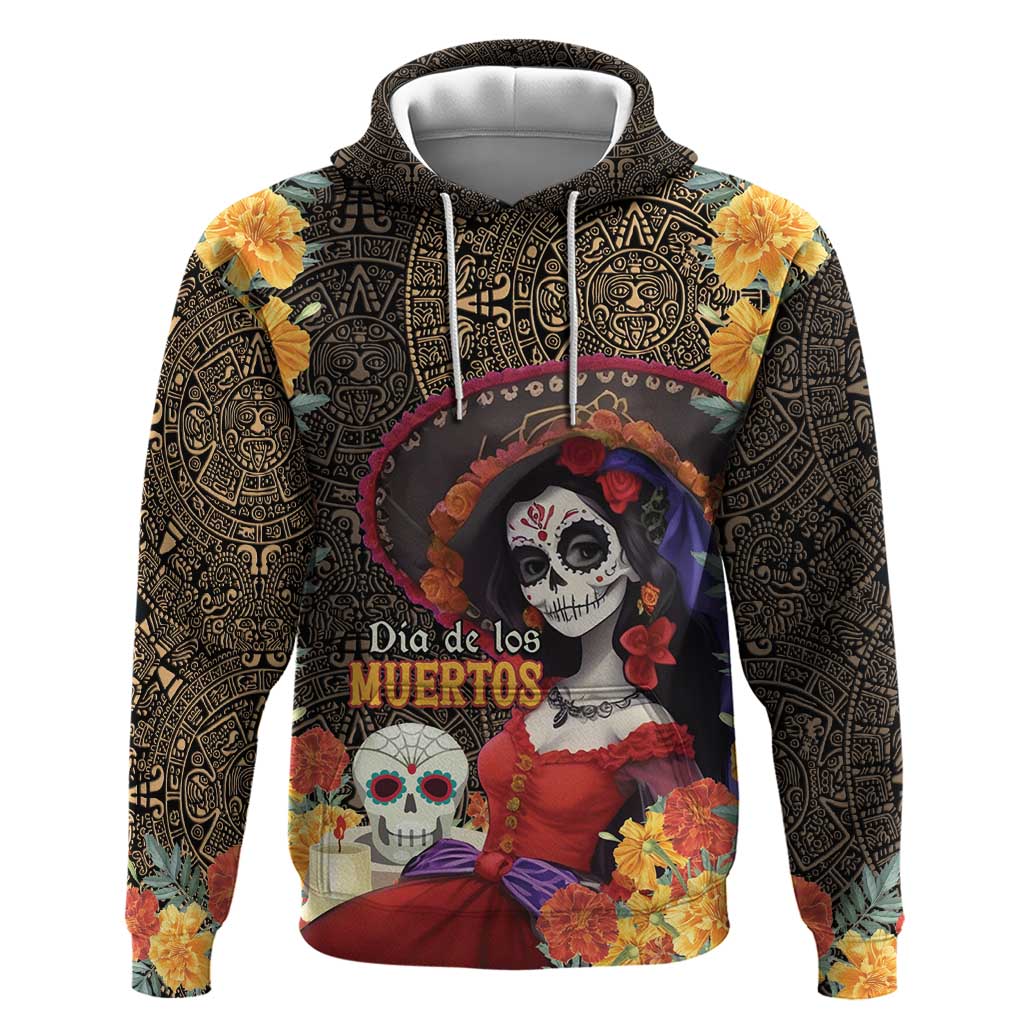 Mexico Day Of The Dead Hoodie La Catrina Mix Cempasuchil Aztec Pattern