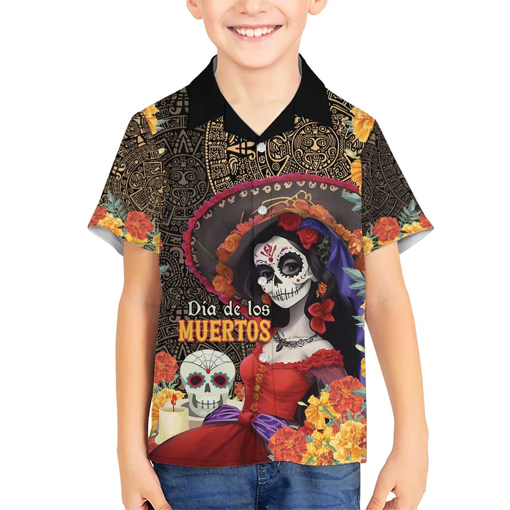 Mexico Day Of The Dead Kid Hawaiian Shirt La Catrina Mix Cempasuchil Aztec Pattern