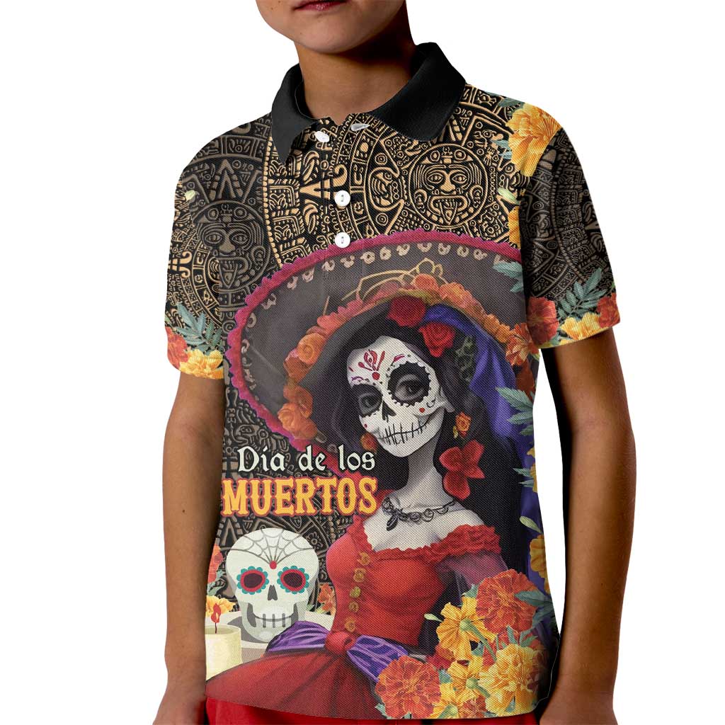 Mexico Day Of The Dead Kid Polo Shirt La Catrina Mix Cempasuchil Aztec Pattern