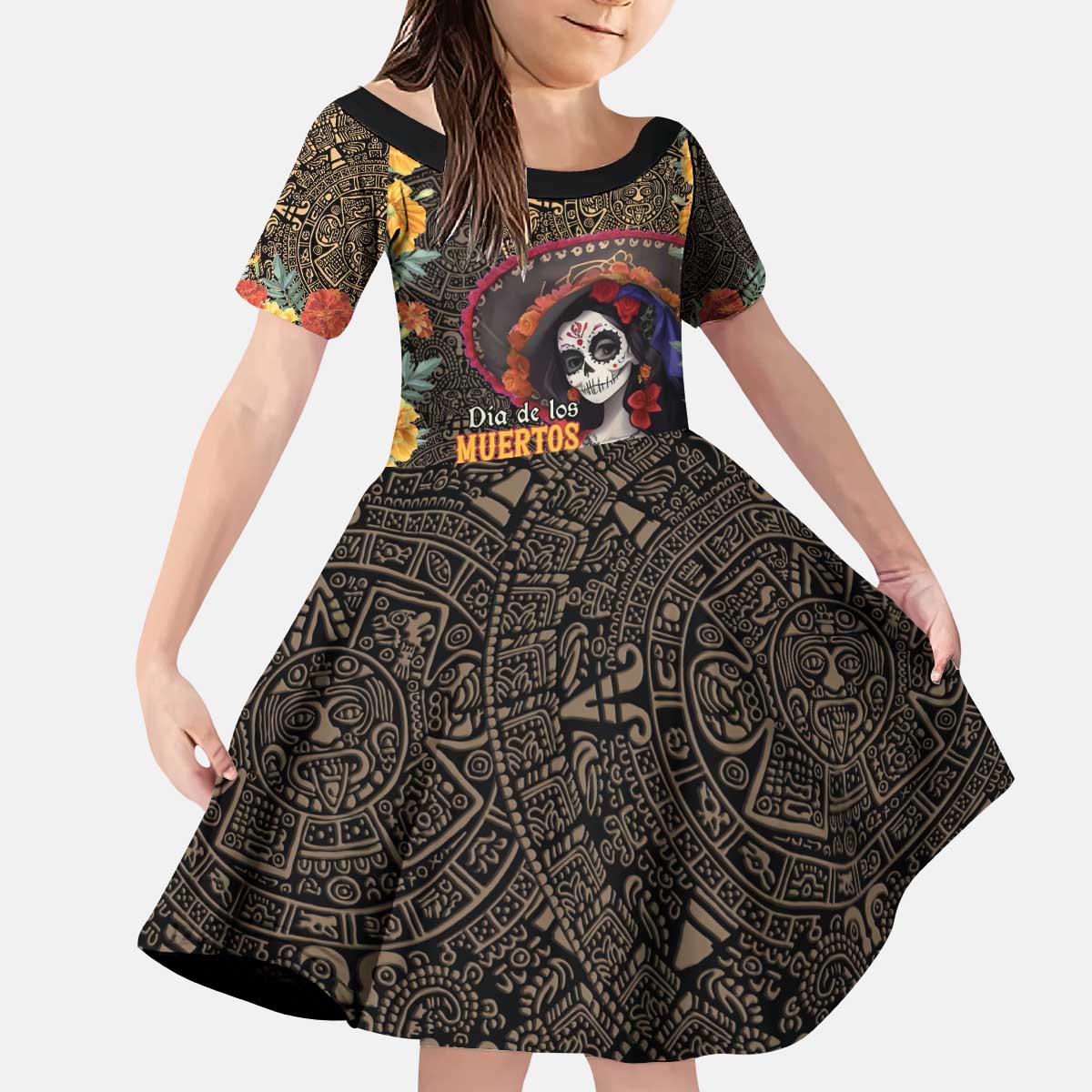 Mexico Day Of The Dead Kid Short Sleeve Dress La Catrina Mix Cempasuchil Aztec Pattern