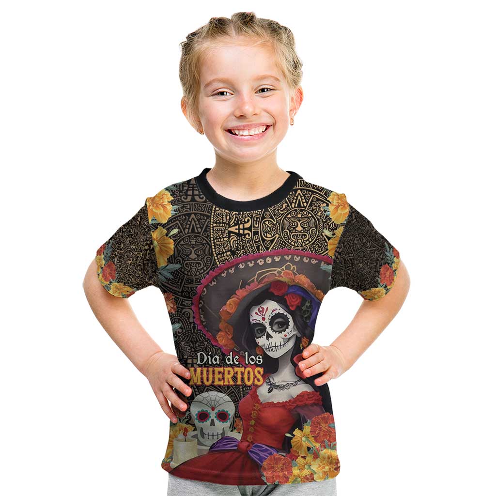 Mexico Day Of The Dead Kid T Shirt La Catrina Mix Cempasuchil Aztec Pattern