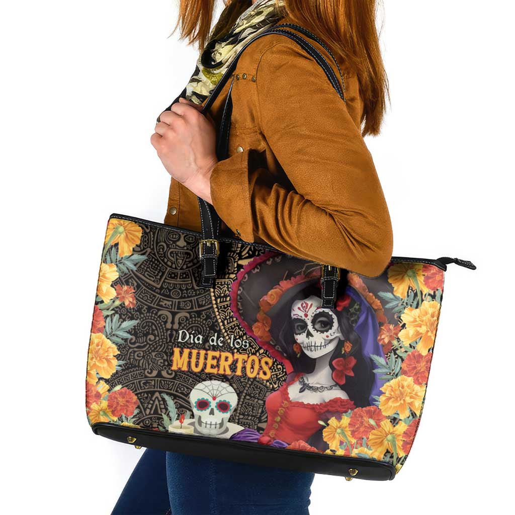 Mexico Day Of The Dead Leather Tote Bag La Catrina Mix Cempasuchil Aztec Pattern