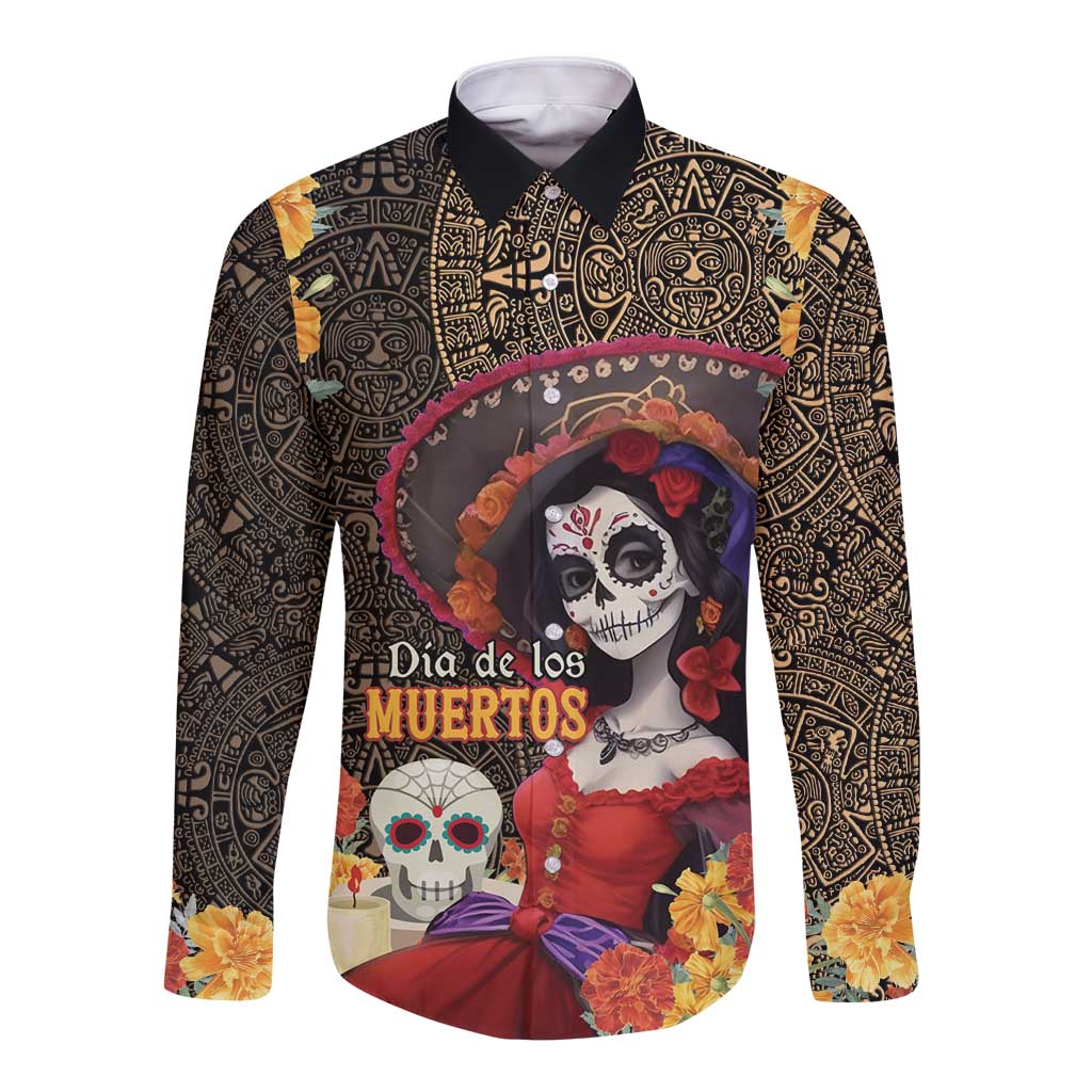 Unisex long-sleeve button shirt with black and gold Aztec pattern and Dia de los Muertos print
