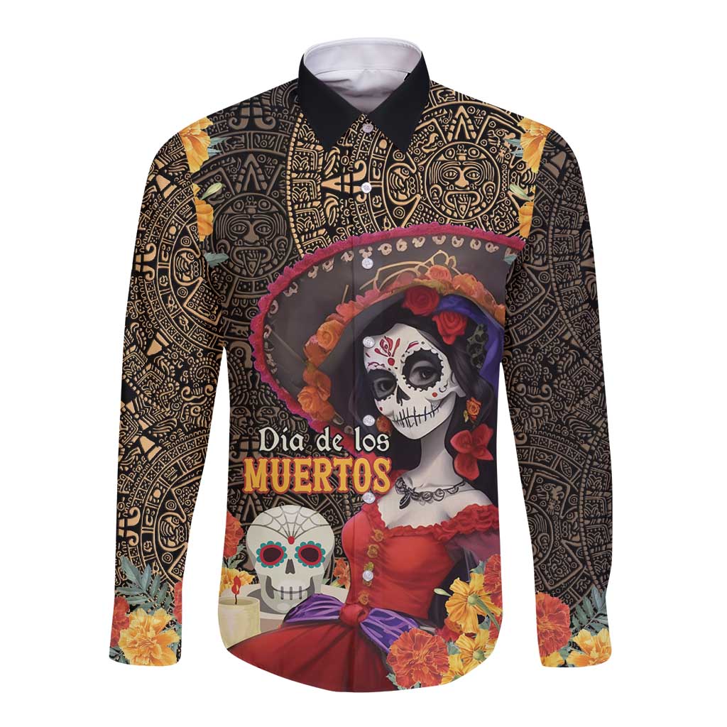 Mexico Day Of The Dead Long Sleeve Button Shirt La Catrina Mix Cempasuchil Aztec Pattern