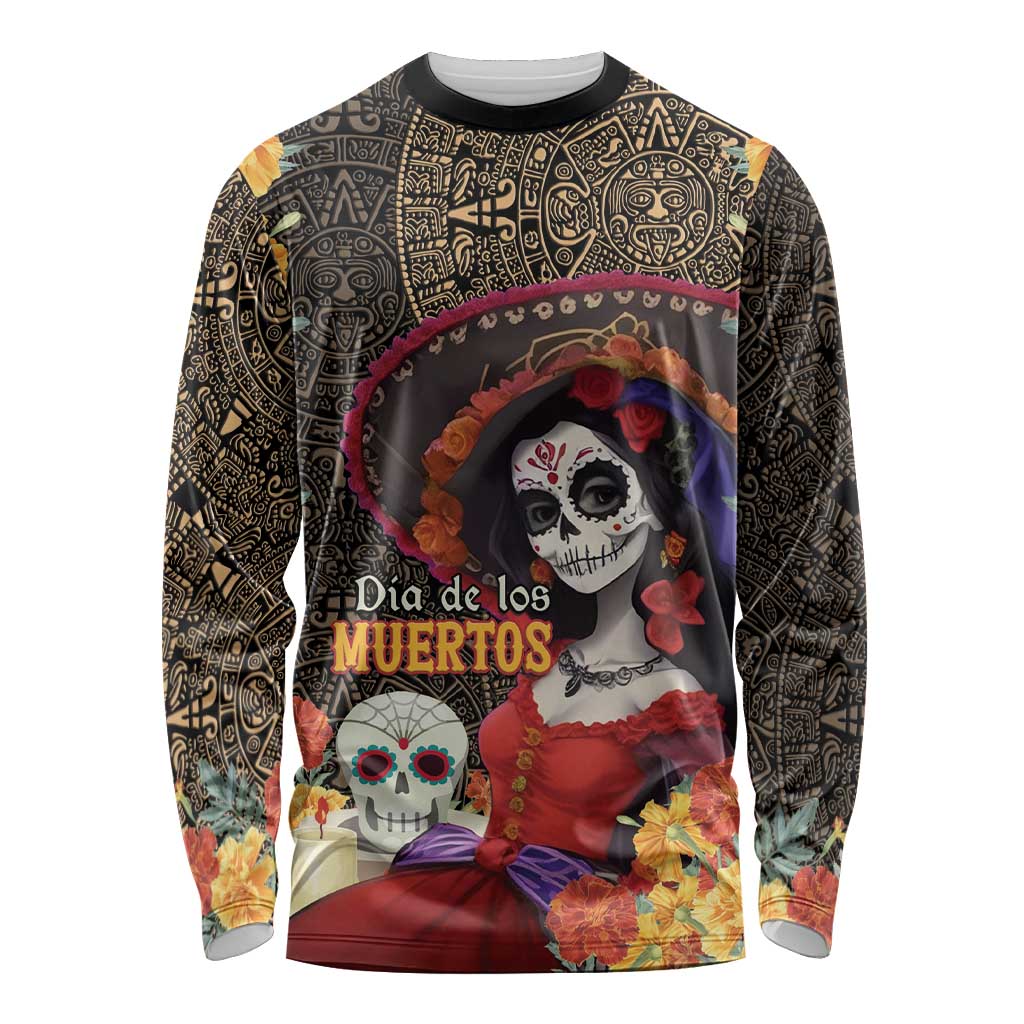 Mexico Day Of The Dead Long Sleeve Shirt La Catrina Mix Cempasuchil Aztec Pattern