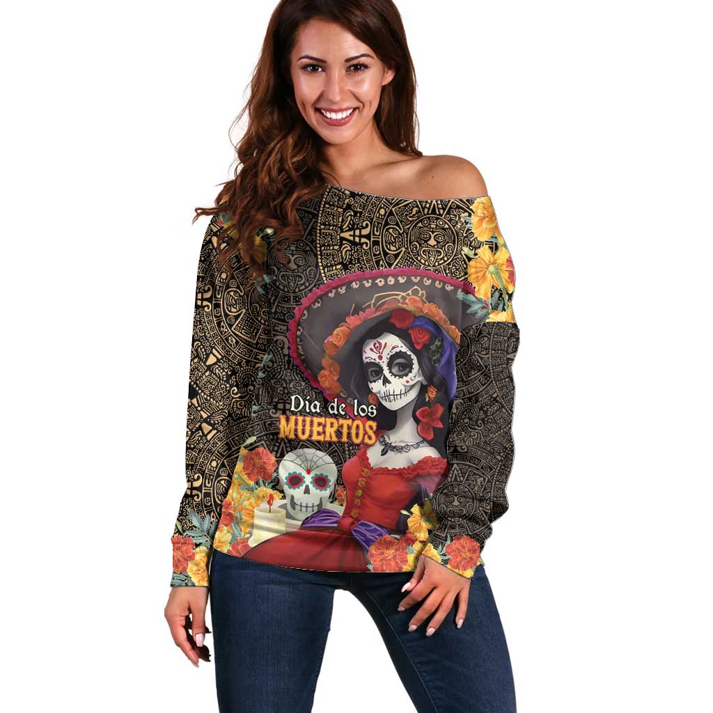 Mexico Day Of The Dead Off Shoulder Sweater La Catrina Mix Cempasuchil Aztec Pattern