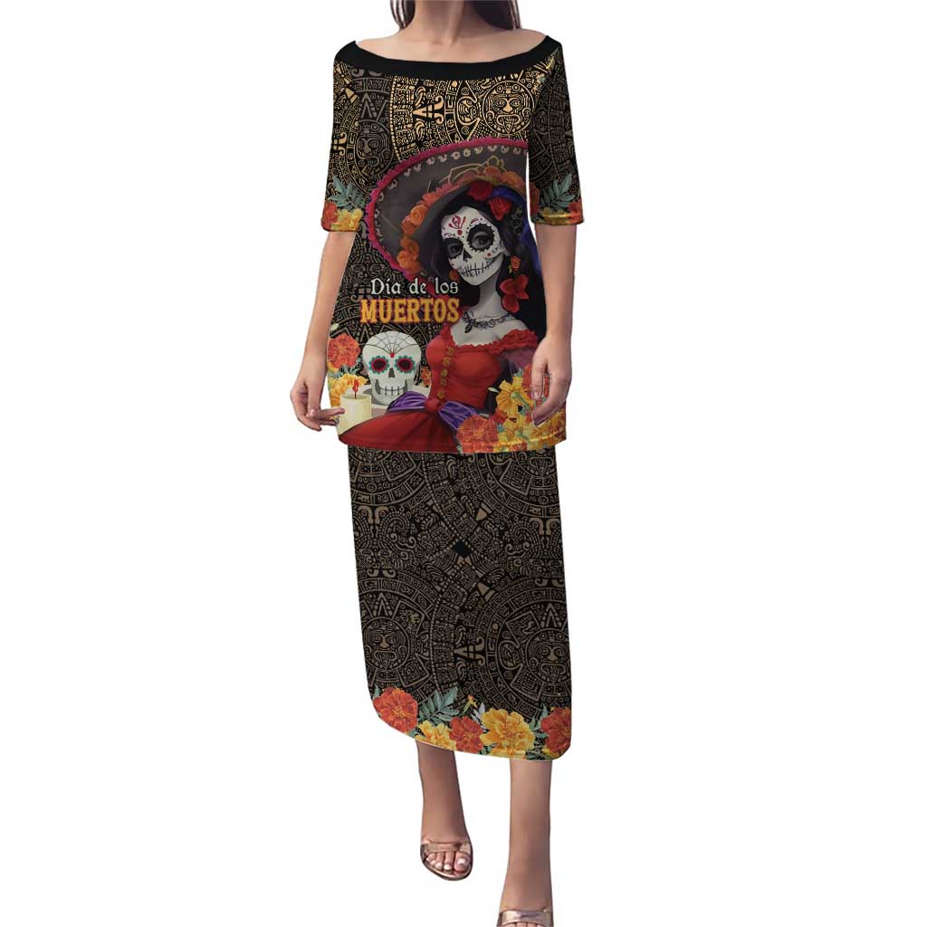 Mexico Day Of The Dead Puletasi La Catrina Mix Cempasuchil Aztec Pattern