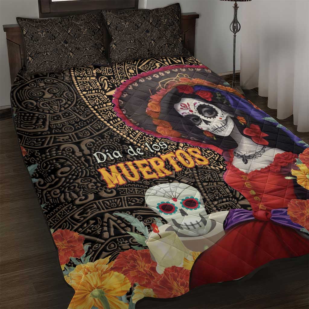 Mexico Day Of The Dead Quilt Bed Set La Catrina Mix Cempasuchil Aztec Pattern