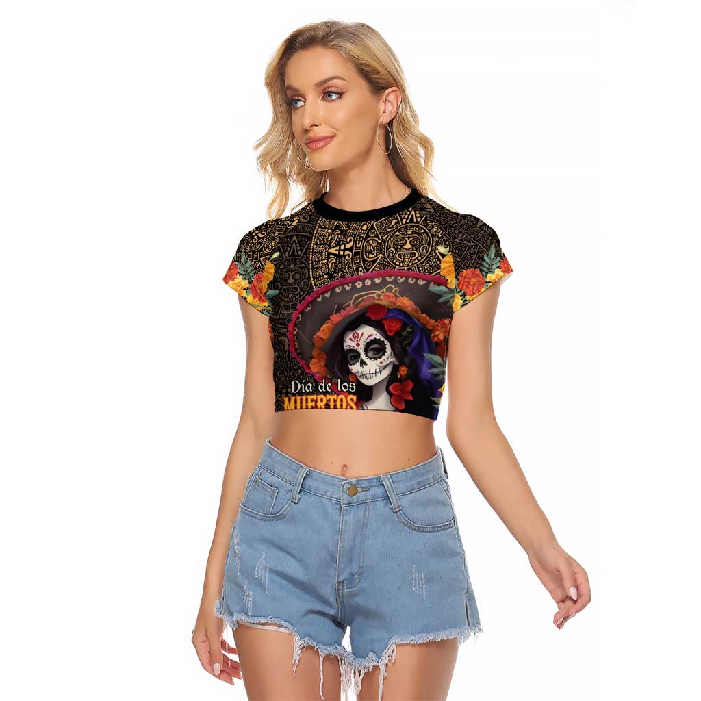 Mexico Day Of The Dead Raglan Cropped T Shirt La Catrina Mix Cempasuchil Aztec Pattern