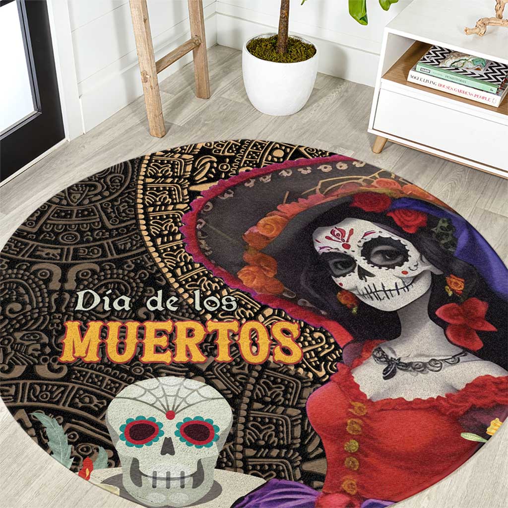 Mexico Day Of The Dead Round Carpet La Catrina Mix Cempasuchil Aztec Pattern