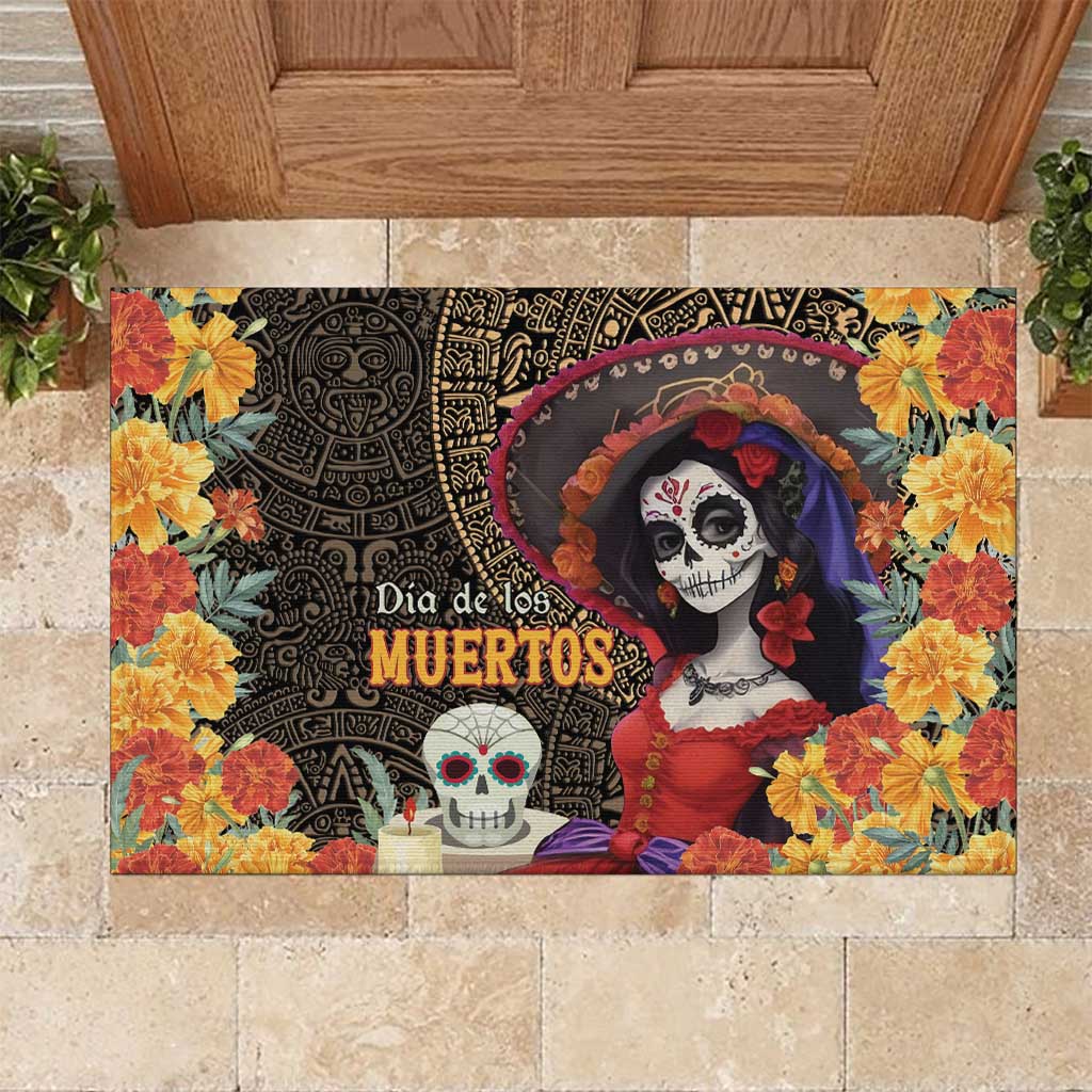 Mexico Day Of The Dead Rubber Doormat La Catrina Mix Cempasuchil Aztec Pattern