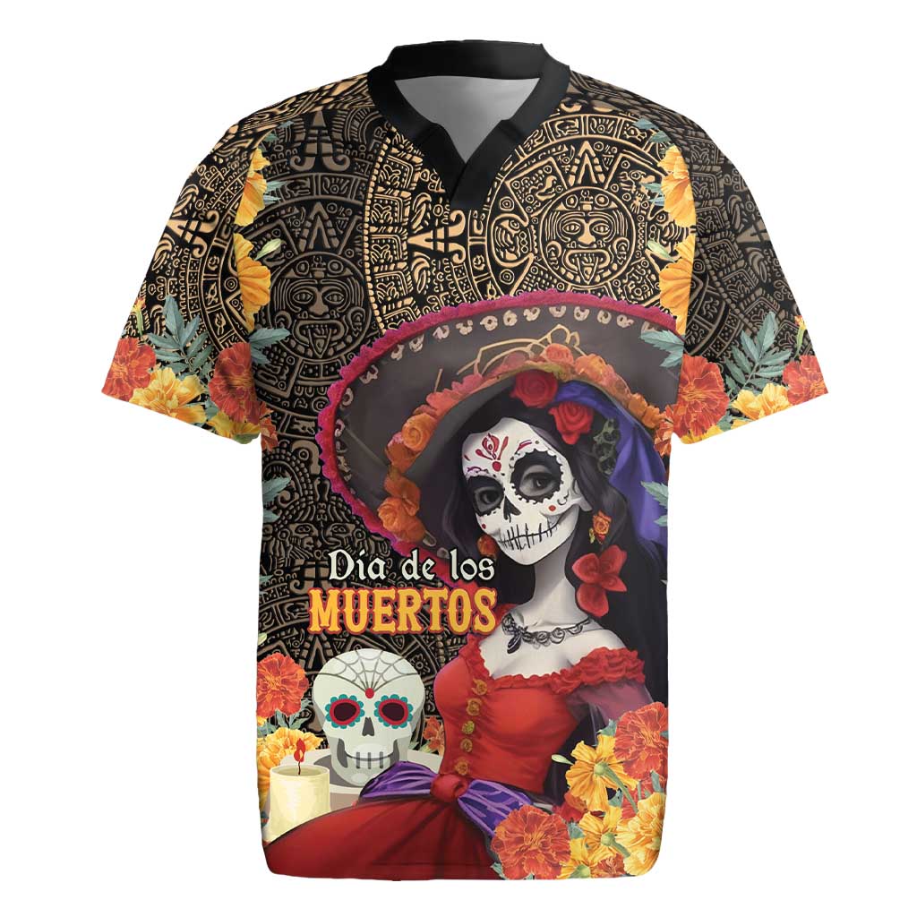 Mexico Day Of The Dead Rugby Jersey La Catrina Mix Cempasuchil Aztec Pattern