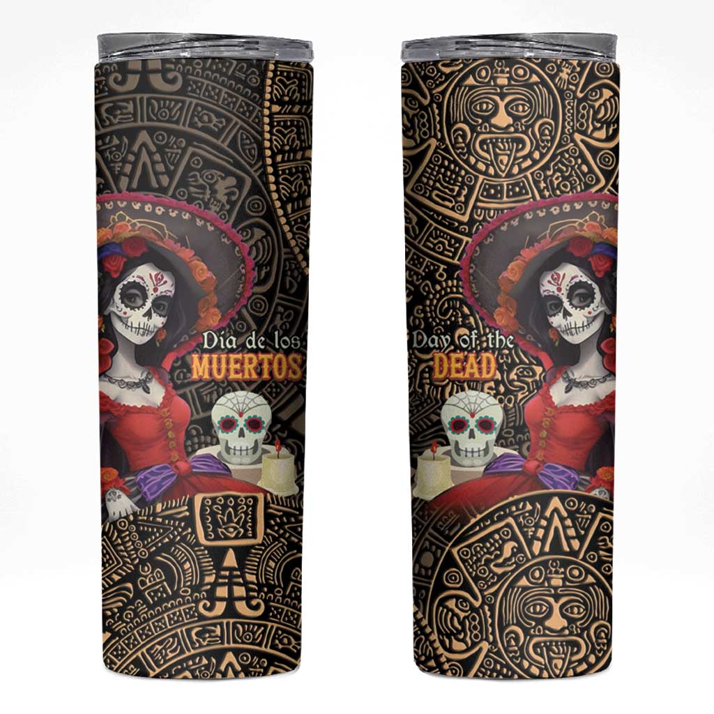 Mexico Day Of The Dead Skinny Tumbler La Catrina Mix Cempasuchil Aztec Pattern