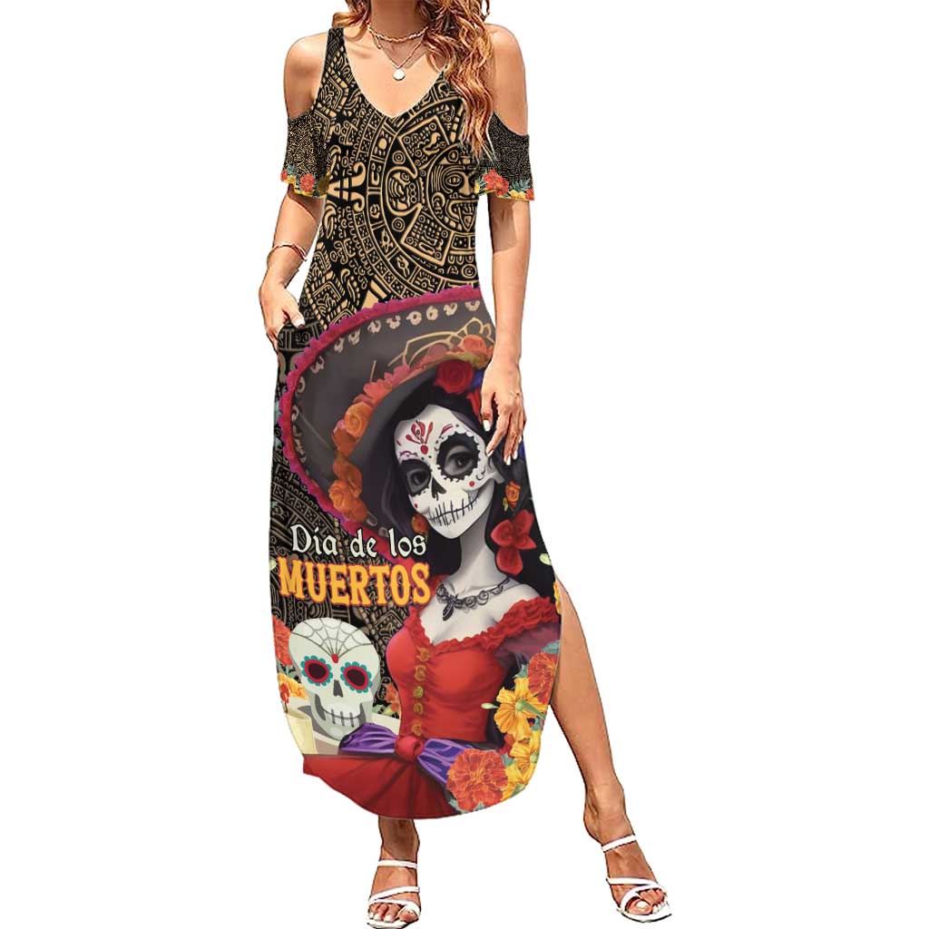 Mexico Day Of The Dead Summer Maxi Dress La Catrina Mix Cempasuchil Aztec Pattern