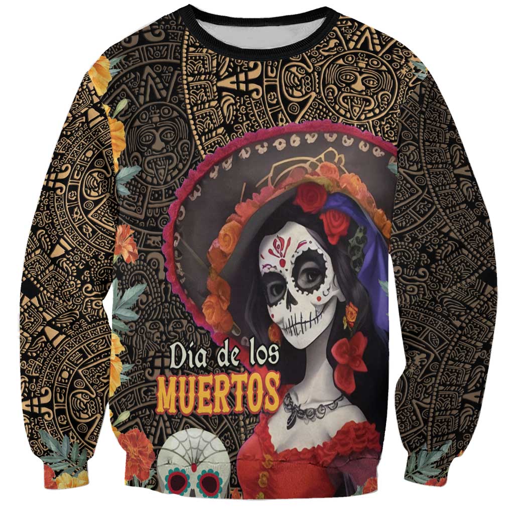 Mexico Day Of The Dead Sweatshirt La Catrina Mix Cempasuchil Aztec Pattern