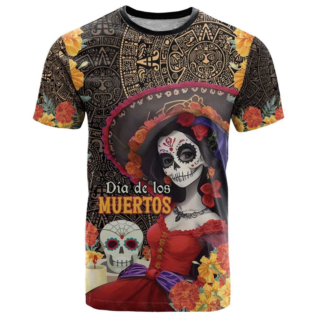 Mexico Day Of The Dead T Shirt La Catrina Mix Cempasuchil Aztec Pattern