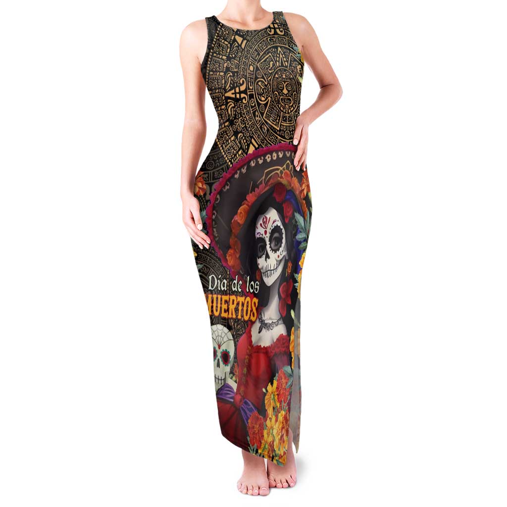 Mexico Day Of The Dead Tank Maxi Dress La Catrina Mix Cempasuchil Aztec Pattern