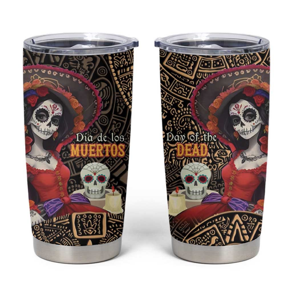 Mexico Day Of The Dead Tumbler Cup La Catrina Mix Cempasuchil Aztec Pattern