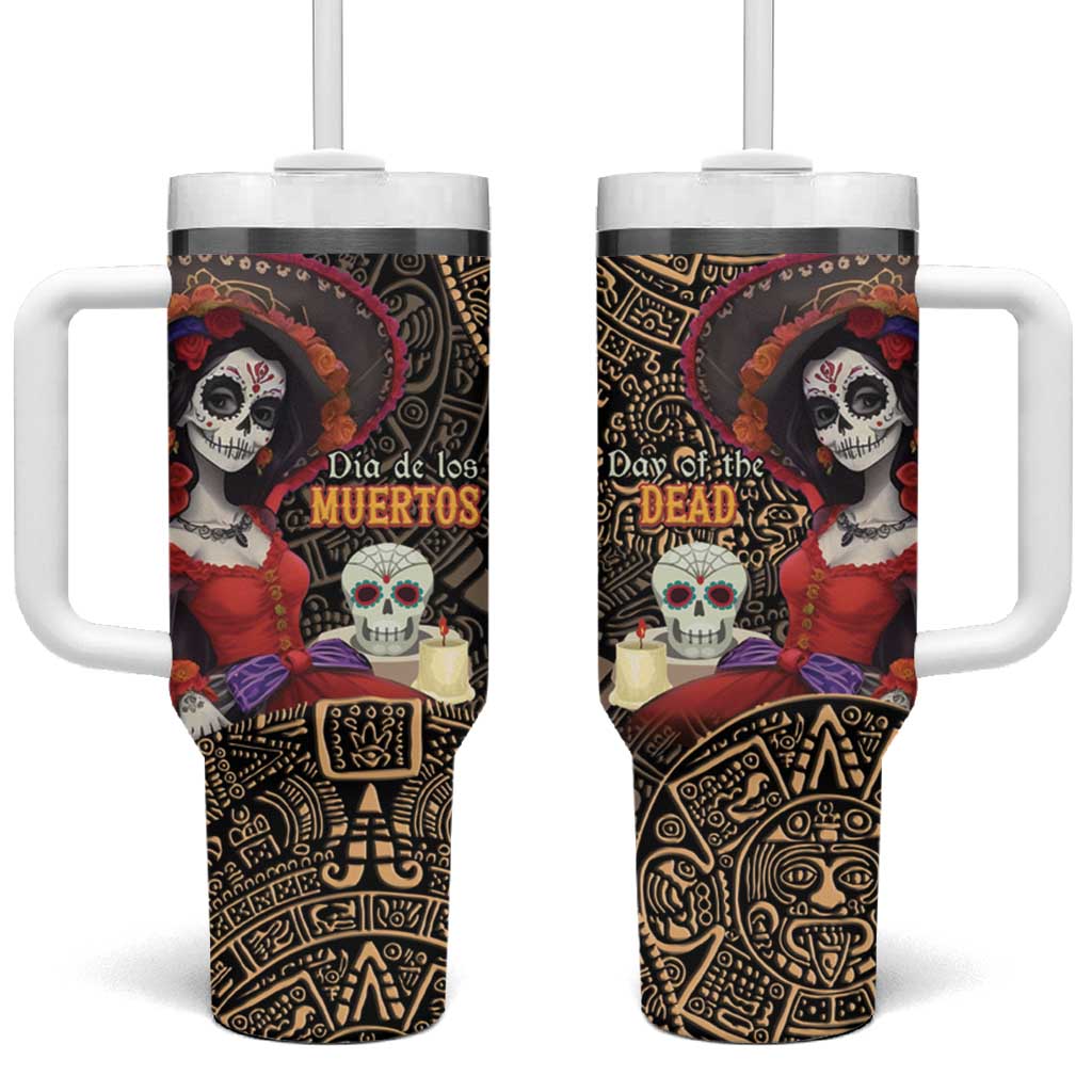 Mexico Day Of The Dead Tumbler With Handle La Catrina Mix Cempasuchil Aztec Pattern