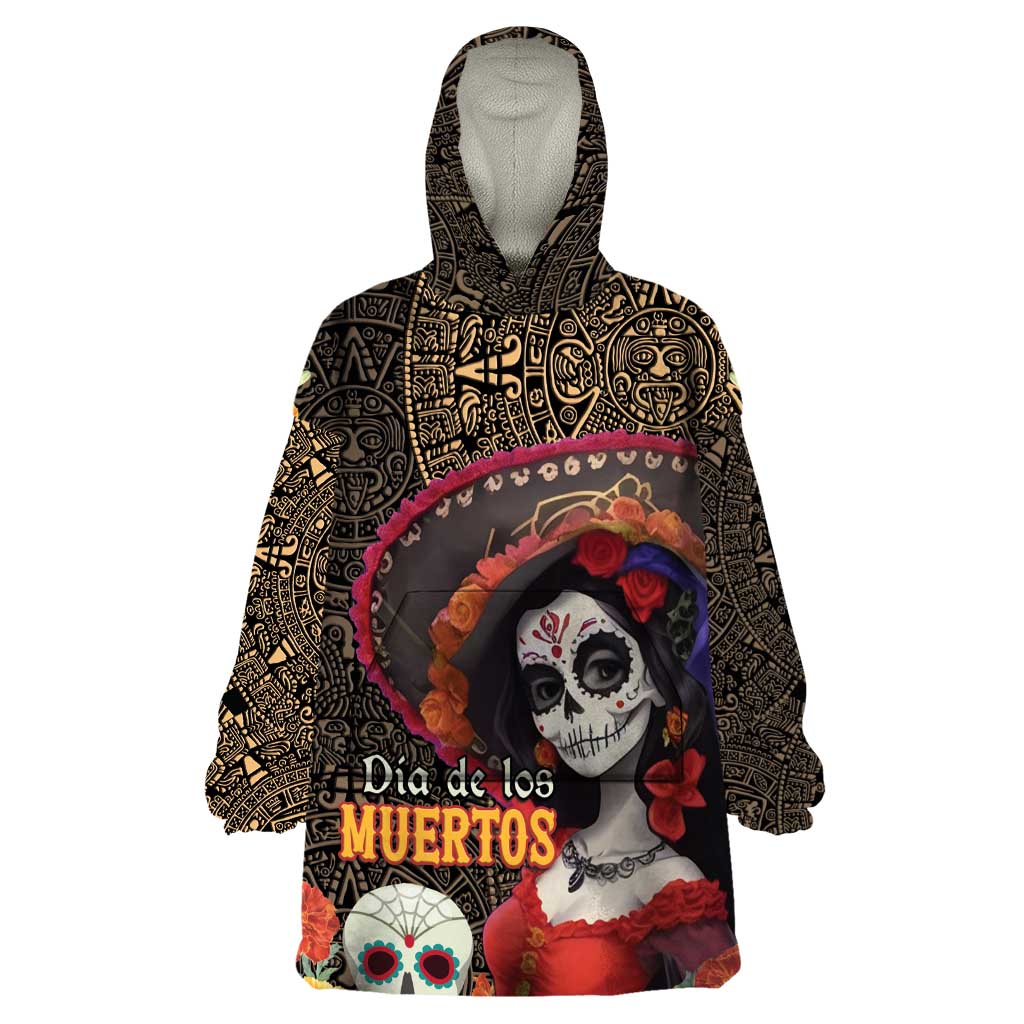 Mexico Day Of The Dead Wearable Blanket Hoodie La Catrina Mix Cempasuchil Aztec Pattern