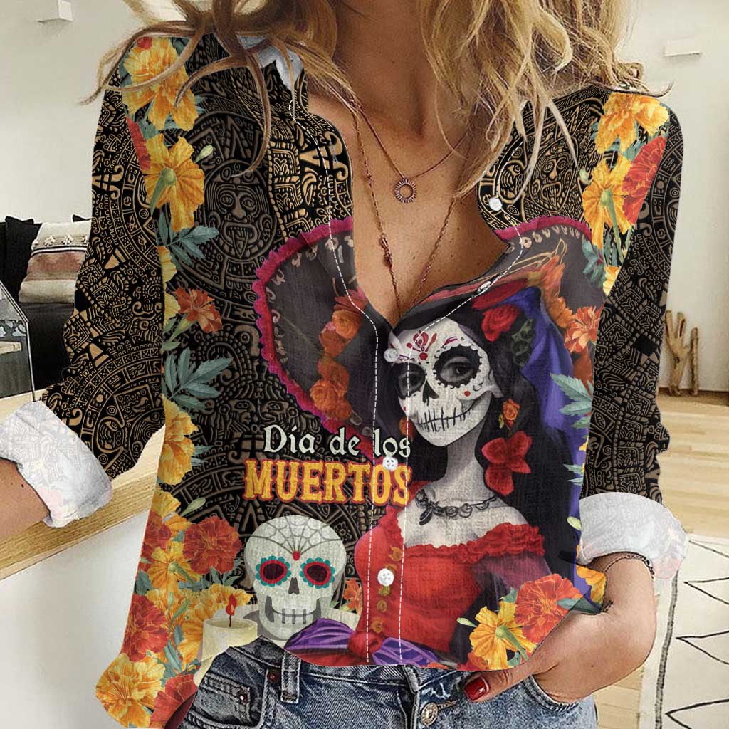 Mexico Day Of The Dead Women Casual Shirt La Catrina Mix Cempasuchil Aztec Pattern