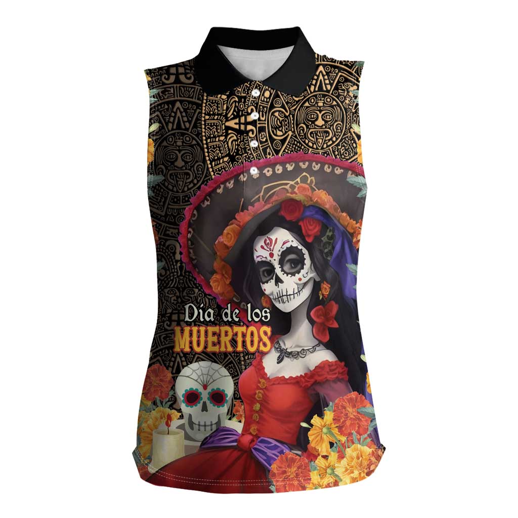 Mexico Day Of The Dead Women Sleeveless Polo Shirt La Catrina Mix Cempasuchil Aztec Pattern