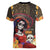 Mexico Day Of The Dead Women V-Neck T-Shirt La Catrina Mix Cempasuchil Aztec Pattern