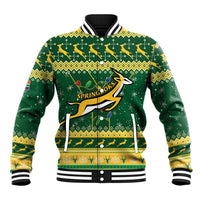 Green and yellow rugby baseball jacket with ribbed striped collar, cuffs, and front team graphic.
