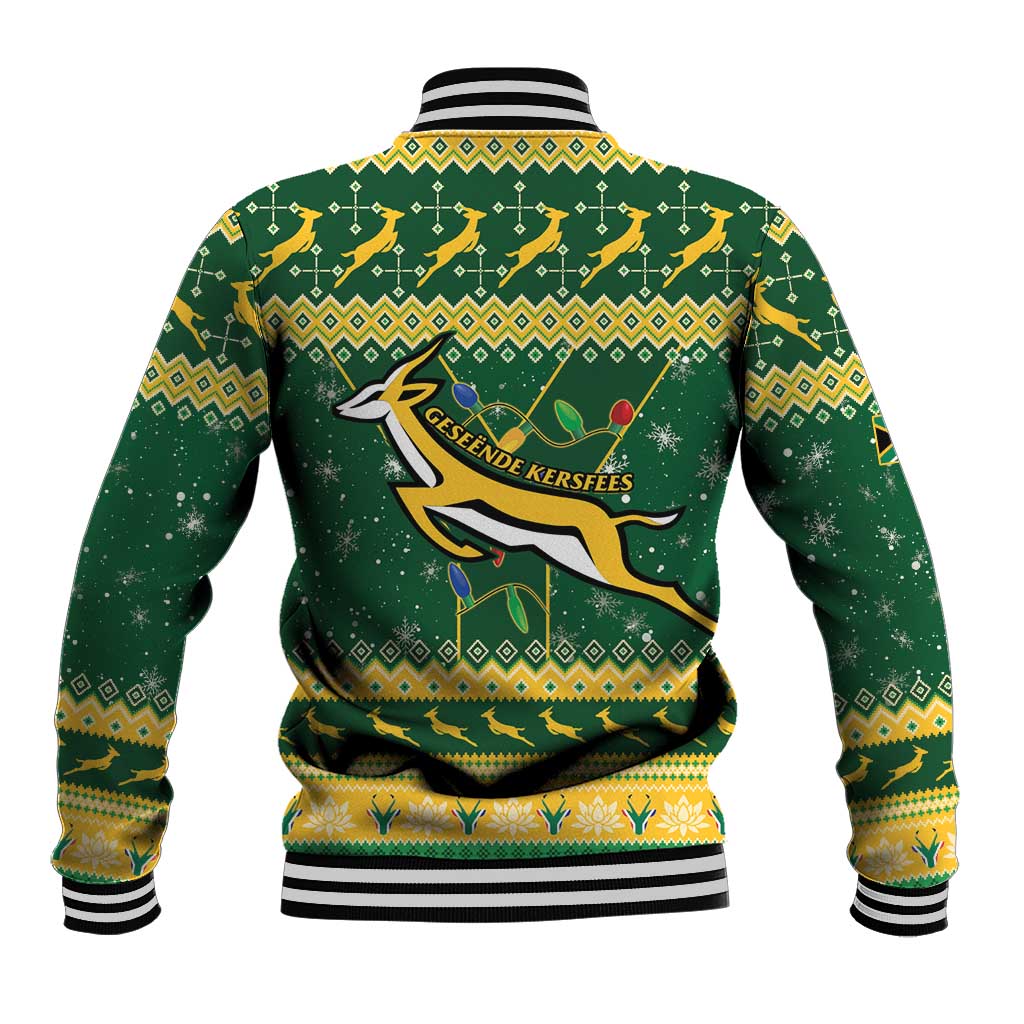 Green rugby baseball jacket with yellow trim and back team graphic, ribbed striped cuffs and hem.