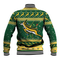 Green rugby baseball jacket with yellow trim and back team graphic, ribbed striped cuffs and hem.