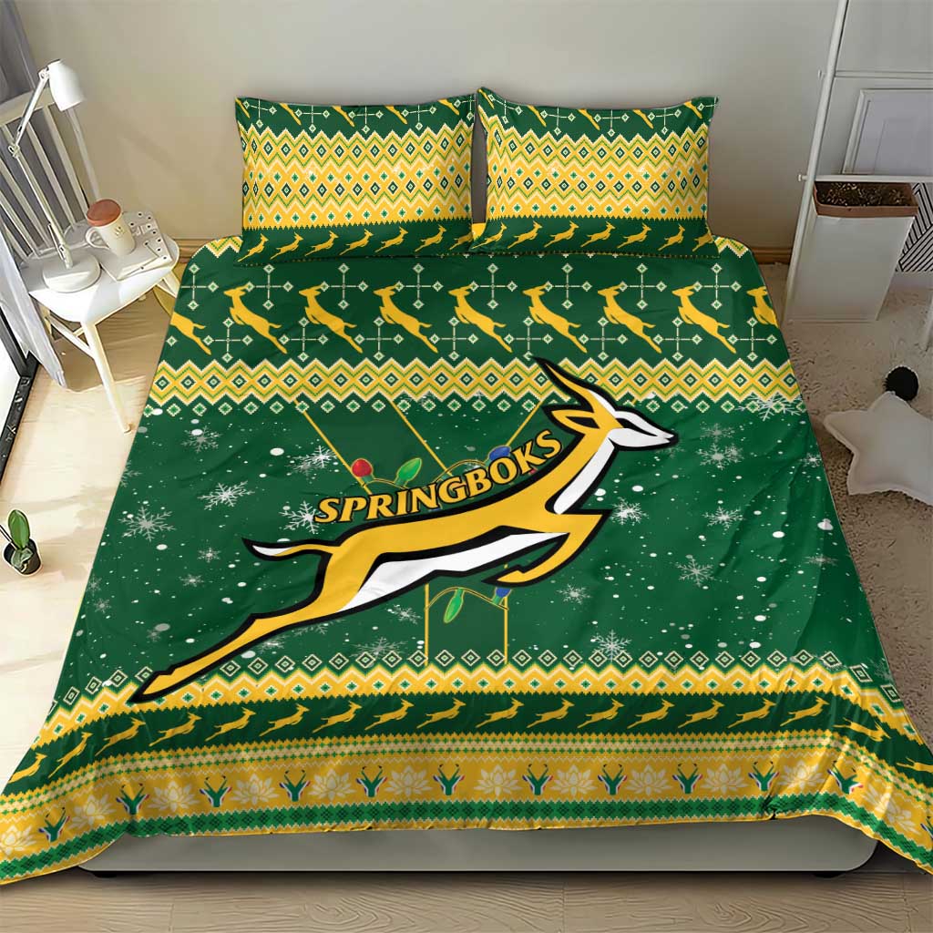 Green duvet cover with Springbok logo and yellow stripe border, two matching pillow shams