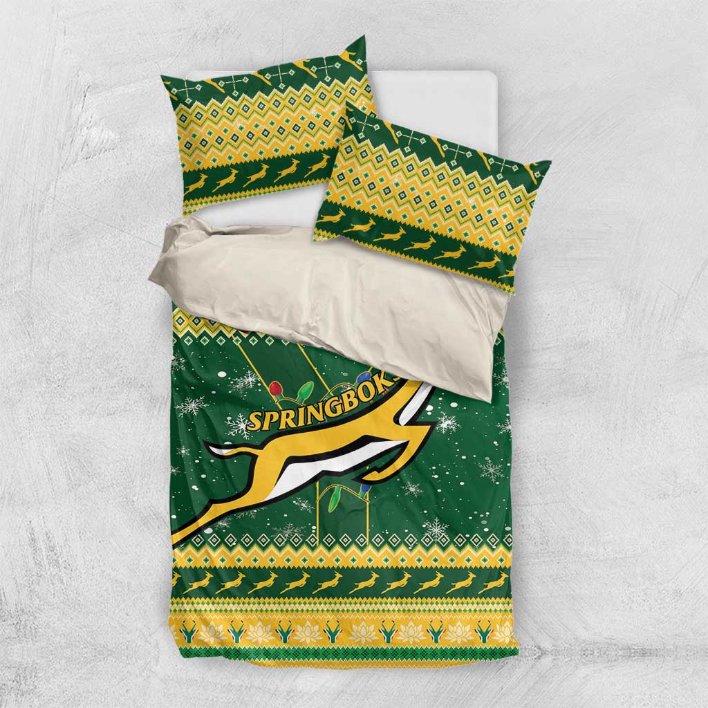 Green bedding set with Springbok logo, yellow diamond border, included pillowcases