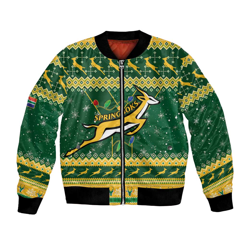 Unisex green Christmas rugby bomber jacket with front zip and festive deer graphic