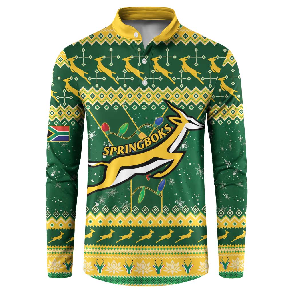 Christmas rugby button sweatshirt, green with yellow collar and front graphic