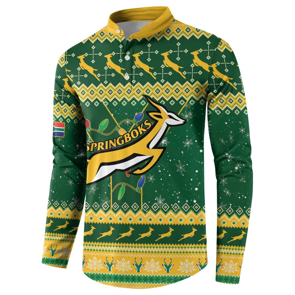 Christmas rugby button sweatshirt, green with yellow collar and large front logo