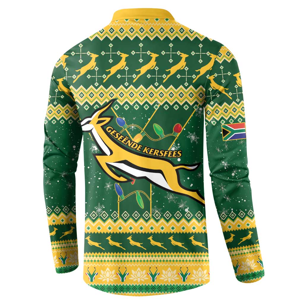 Christmas rugby button sweatshirt, green with yellow trim and back logo graphic