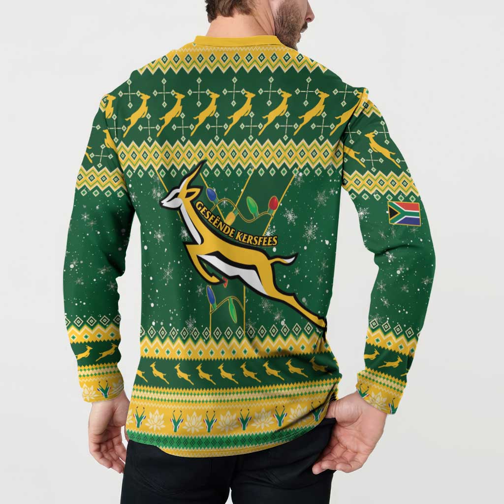 Christmas rugby button sweatshirt, green with back logo and sleeve flag patch
