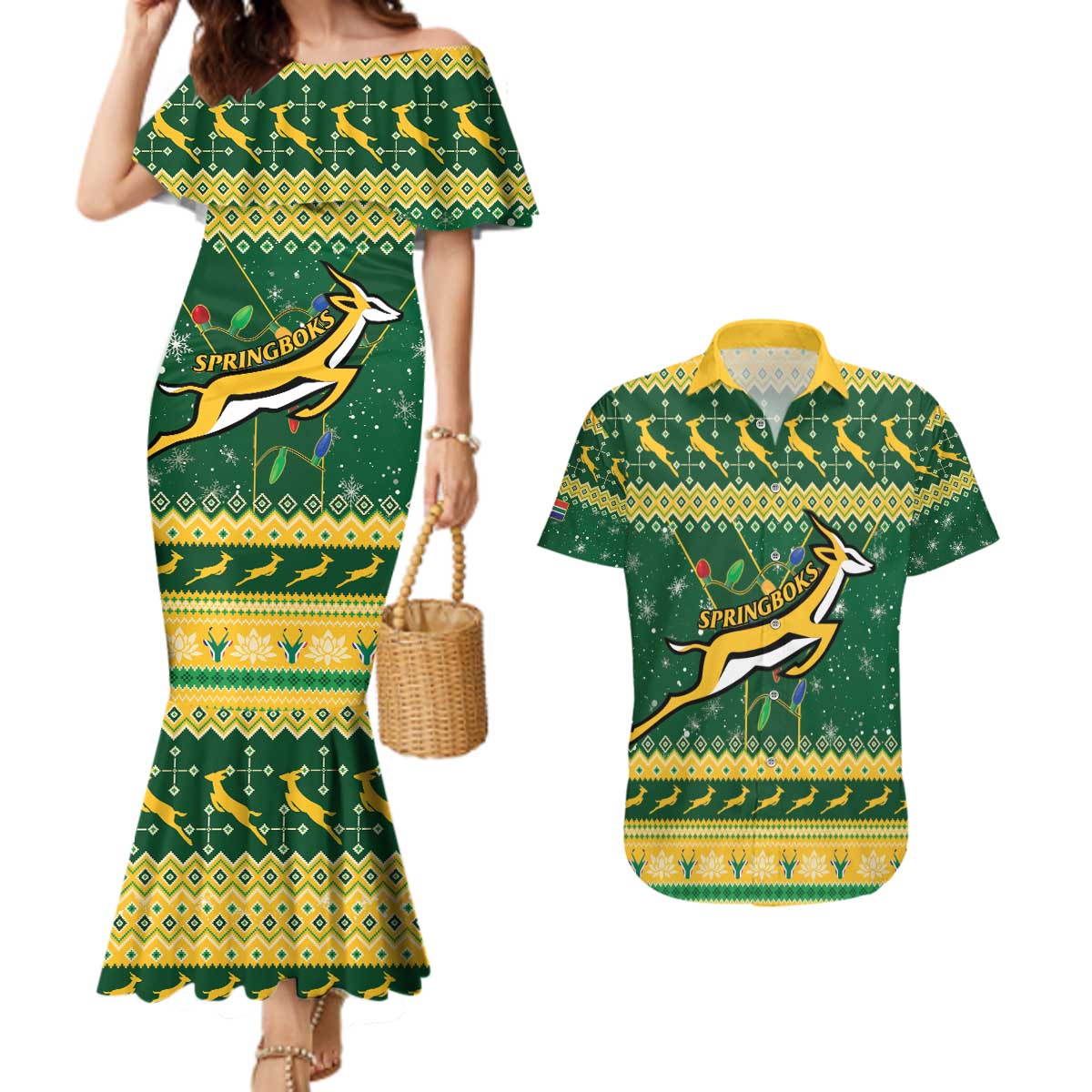 South Africa Christmas Rugby Couples Matching Mermaid Dress and Hawaiian Shirt Springboks Geseende Kersfees - Wonder Print Shop