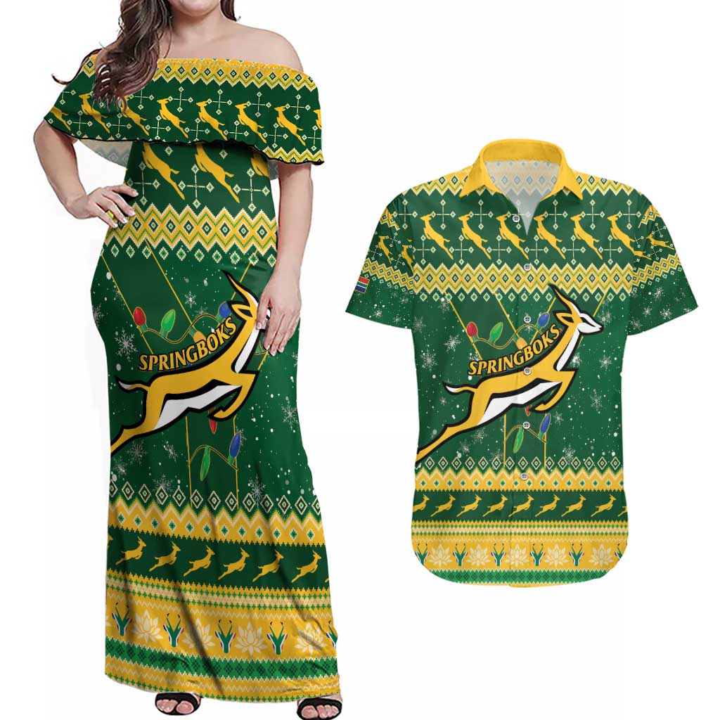 South Africa Christmas Rugby Couples Matching Off Shoulder Maxi Dress and Hawaiian Shirt Springboks Geseende Kersfees - Wonder Print Shop