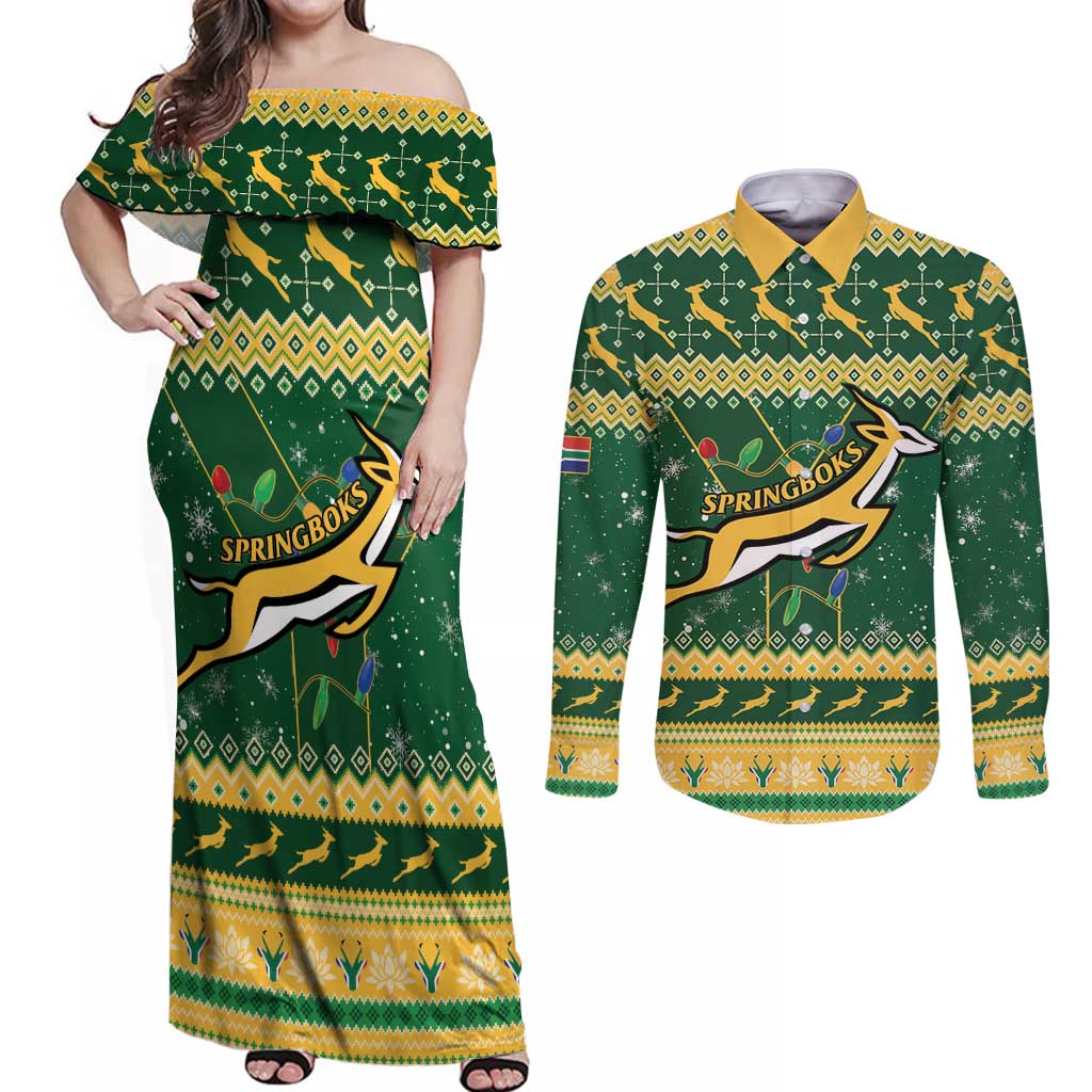 South Africa Christmas Rugby Couples Matching Off Shoulder Maxi Dress and Long Sleeve Button Shirt Springboks Geseende Kersfees - Wonder Print Shop