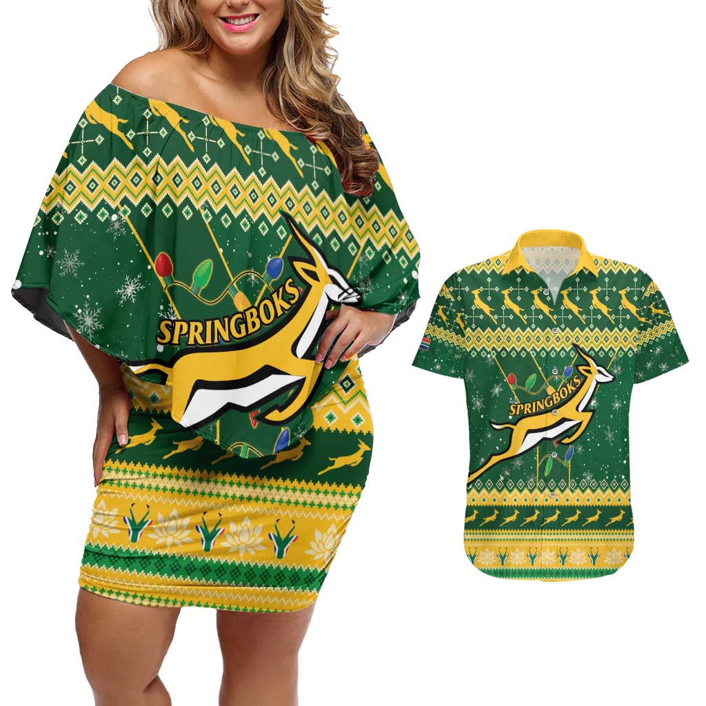 South Africa Christmas Rugby Couples Matching Off Shoulder Short Dress and Hawaiian Shirt Springboks Geseende Kersfees - Wonder Print Shop